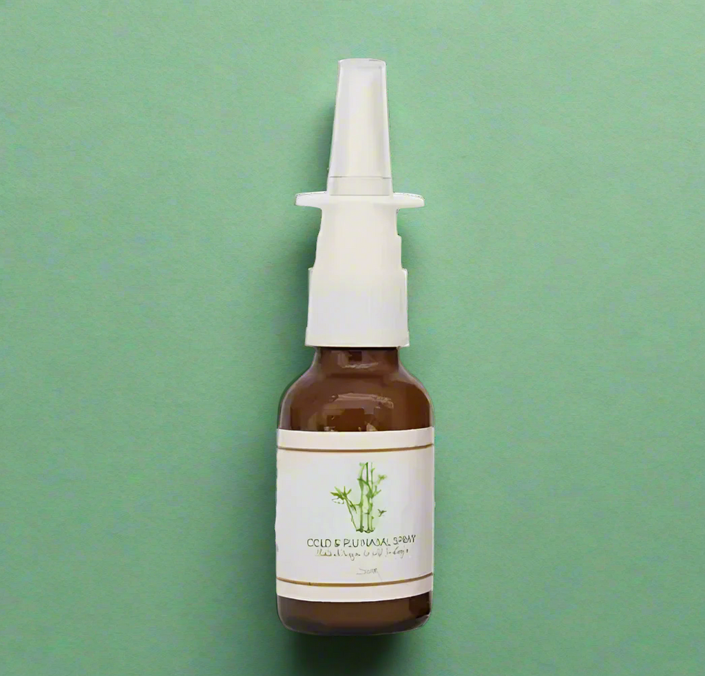 Bottle of cold and flu spray with a white label on a white background