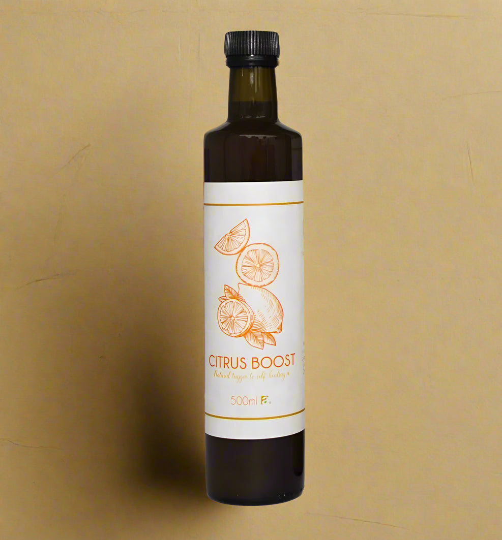 Bottle of Fulvic Acid Citrus Boost on a white background