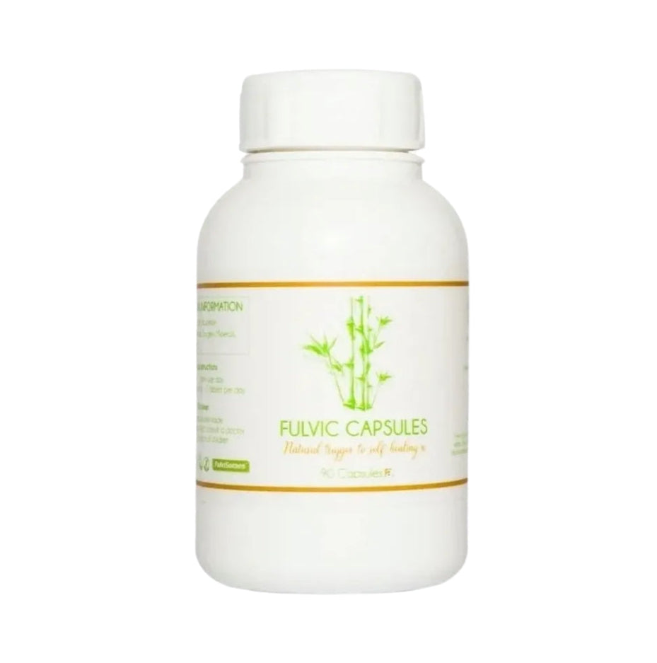 Bottle of Fulvic Acid capsules on a white background