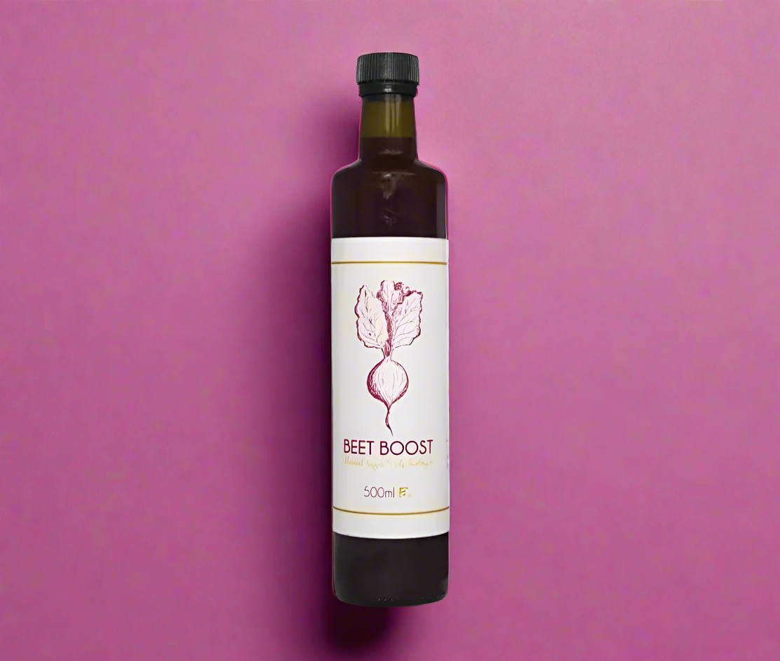 Bottle of Beet Boost on a white background