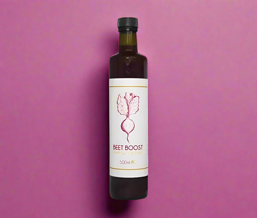 Bottle of Beet Boost on a white background