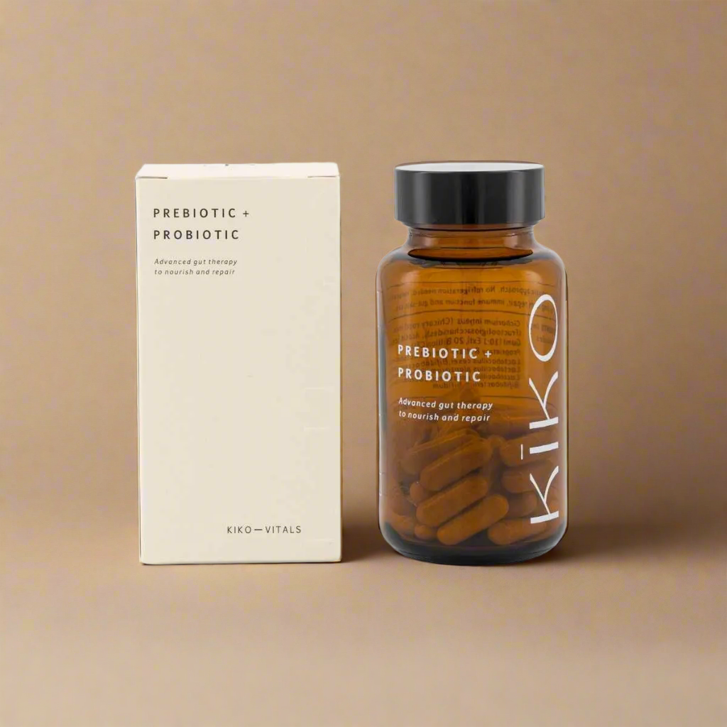 Kiko prebiotic and probiotic supplement bottle and packaging on a white background