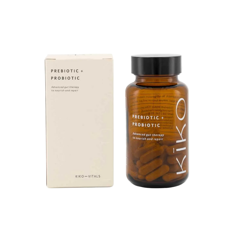 Kiko prebiotic and probiotic supplement bottle and packaging on a white background