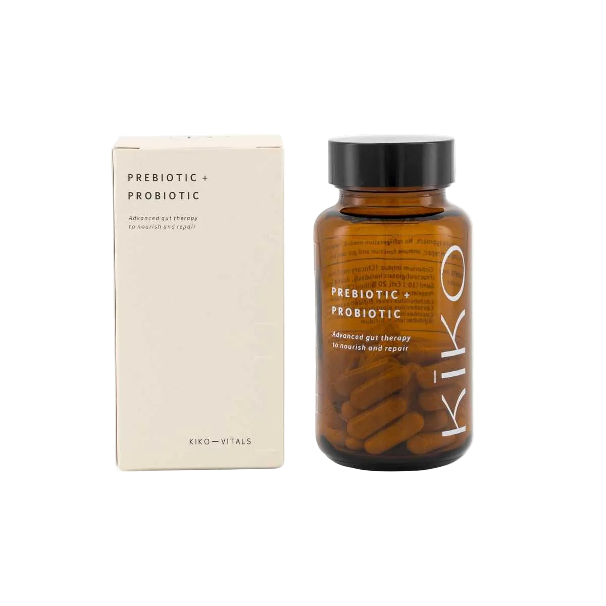 Kiko prebiotic and probiotic supplement bottle and packaging on a white background